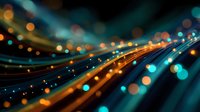 Abstract digital light trails with orange and blue bokeh effect on dark background, creating futuristic technology concept for network or data visualization.