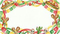 Colorful Mexican fiesta frame with maracas, skulls, cactus, chili peppers and papel picado banners on white background for Cinco de Mayo celebrations.