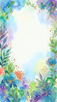 Watercolor floral frame with gold outlines, blue, green and purple flowers, copy space center for invitations, cards and social media.