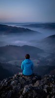 Woman in blue jacket sitting on rocky cliff overlooking misty mountain valley at dawn, contemplating scenic landscape with forested hills and fog-covered terrain below.