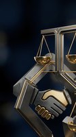 Scales of justice with handshake symbolizing legal agreement, law firm partnership, and business contract. Golden balance scales and clasped hands represent trust, compliance, and professional counsel.