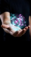 Hands holding glowing holographic digital icons with neon light effects on dark background for technology and innovation concepts.