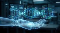 Digital DNA helix floating above transparent hand in futuristic laboratory setting with holographic data visualization for biotechnology research.