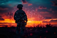 Silhouette of military soldier standing against dramatic sunset sky with glowing particles and bokeh lights creating atmospheric wartime scene.