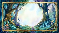 Enchanted forest watercolor scene with glowing deer, mushrooms, fairy lights, and a distant castle framed by ancient trees with golden border.