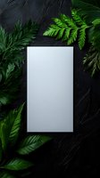 Blank white paper frame surrounded by fresh green fern leaves and foliage on dark textured background. Natural botanical mockup for branding and design.