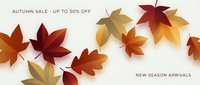 Autumn sale banner with colorful fall leaves in warm tones. Seasonal marketing design for retail promotions and shopping campaigns with natural elements.
