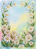 Watercolor daisy floral border frame with pastel blue, yellow and pink background, white chamomile flowers and green leaves, copy space for text.