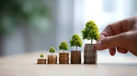 Growing trees on ascending stacks of coins showing sustainable financial growth and green investment concept with hand placing final coin.