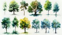 Watercolor trees collection with various species in green and yellow hues on white background, suitable for nature-themed design projects.