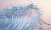 Powerful ocean wave curling at sunset with spray and dynamic water motion in pastel pink and blue tones, capturing natural force and fluid movement.
