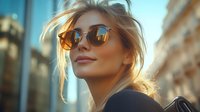 Stylish woman wearing round sunglasses with mirrored lenses in urban setting, golden hour lighting, fashion and lifestyle concept for advertising and design projects.