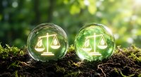 Two transparent glass spheres with golden justice scales symbols resting on rich dark soil against blurred green forest background with sunlight.