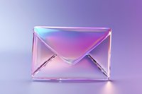 Glowing glass envelope with neon gradient colors on purple background, modern communication concept with holographic lighting effects and reflective surface.