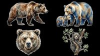 Watercolor bear illustrations featuring adult brown bear, polar bear mother with cub, bear head portrait, and bear climbing tree, isolated on transparent background. Ready for t-shirt design, clipart, stickers, and print-on-demand products.