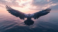 Majestic eagle soaring over tranquil ocean waters at sunset, wings spread wide against dramatic pink and purple sky, silhouette creating powerful symbolic scene.