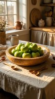 Fresh green apples in wooden bowl on rustic kitchen table with warm natural lighting and farmhouse decor for healthy eating and cooking concepts.