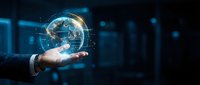 Businessman hand holding glowing globe with digital network connections, representing global business, technology innovation, and worldwide digital transformation in corporate environment.