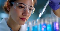 Young female scientist in protective eyewear examining test tube with blue liquid in modern laboratory setting. Close up portrait showing concentration and expertise.