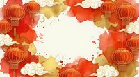 Festive red and gold lanterns with autumn leaves and clouds frame a blank white center space, perfect for text overlay, greetings, or promotional content during celebrations.