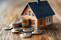 Orange miniature house with stacked coins on wooden surface, representing real estate investment, property market, mortgage, and home savings concept.