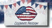 Patriotic lips with American flag pattern and celebrate freedom text on white background with fireworks and bunting decorations for Independence Day designs.