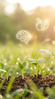 Young seedlings sprouting from soil with neon brain and apple leaf icons floating above, representing growth mindset, healthy thinking, and organic development for wellness and education concepts.