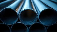 Industrial metal pipes arranged in rows with dramatic blue lighting creating depth and perspective, showcasing manufacturing and construction infrastructure.