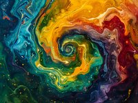 Vibrant fluid art with swirling colors of blue, yellow, red, and purple creating a cosmic spiral pattern resembling a nebula or galaxy.