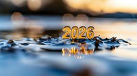 Golden glowing 2026 number floating on rippling water surface with sunset bokeh background, creating magical reflection for New Year celebration design.