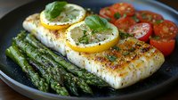 Grilled fish fillet with lemon slices, fresh basil, roasted asparagus, and cherry tomatoes on dark plate, healthy Mediterranean dinner option.