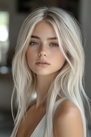 Young woman with platinum blonde hair, freckles, and blue eyes gazing softly at camera in natural indoor lighting.