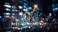Glowing financial chart with upward arrow trend on dark background with bokeh lights and city silhouette, representing business growth and success.