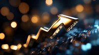 Golden arrow chart rising upward against blurred bokeh lights background showing financial growth and market success trend analysis visualization.