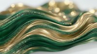 Abstract green and gold flowing waves with glittery texture creating elegant liquid motion pattern for luxury design projects and modern artistic backgrounds.