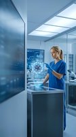 Female healthcare professional using holographic medical technology interface in modern laboratory for research and diagnosis applications.