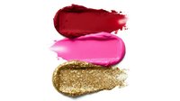 Colorful makeup smears isolated on white background showing red lipstick, pink gloss and gold glitter eyeshadow textures for beauty cosmetics design.