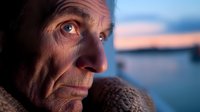 Close-up portrait of senior Caucasian man with wrinkled face in warm evening light against blurred sunset background, expressing contemplation and wisdom.