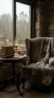 Cozy reading nook by rainy window with armchair, vintage books, oil lamp, and plaid blanket. Rustic stone walls create warm, literary atmosphere for relaxation and study.