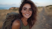 Young Hispanic woman with glasses and backpack smiling outdoors at sunset, wind-blown hair, natural makeup, adventure travel lifestyle portrait in desert landscape.