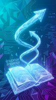 Digital education concept with glowing book and spiral arrow on futuristic technology background for online learning and innovation presentations.