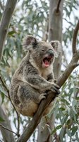 Koala bear yawning while sitting on eucalyptus tree branch in natural habitat showing open mouth and fuzzy gray fur in wildlife photography.