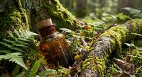 Amber glass bottle with cork stopper nestled among moss-covered fallen logs and ferns in enchanted forest setting for natural medicine and herbal remedies.