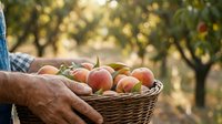 Farmer holding wicker basket filled with fresh ripe apples in orchard during harvest season, outdoor agricultural setting with trees in background.