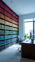 Modern home office with colorful rainbow bookshelf wall, wooden desk, ergonomic chair and natural light from large window for productivity and learning.