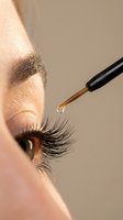 Close-up of woman applying eyelash serum with dropper for beauty skincare routine and lash growth treatment in natural lighting.