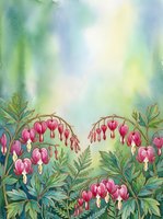 Watercolor bleeding heart flowers with pink blooms and green foliage on a soft teal and blue background, copy space at top.