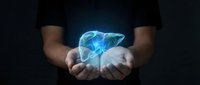 Hands holding glowing blue liver hologram on dark background for medical healthcare and organ donation awareness campaigns.