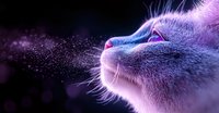 Close up profile of cat nose and whiskers in purple and blue neon lighting with magical glowing particles floating in dark background, creating dreamy atmosphere.