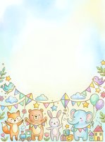 Pastel watercolor illustration featuring cute animals including fox, bear, bunny, and elephant with festive bunting, balloons, stars, clouds, and toys on soft background. Suitable for nursery decor, children's invitations, baby shower designs, and greeting cards.